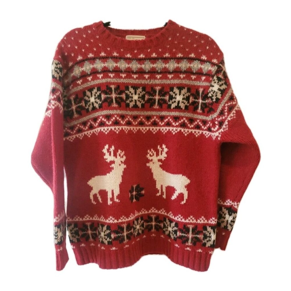 WOOLRICH Wool Sweater VTG Reindeer Christmas Fair Isle SkiWomens M Red Unisex